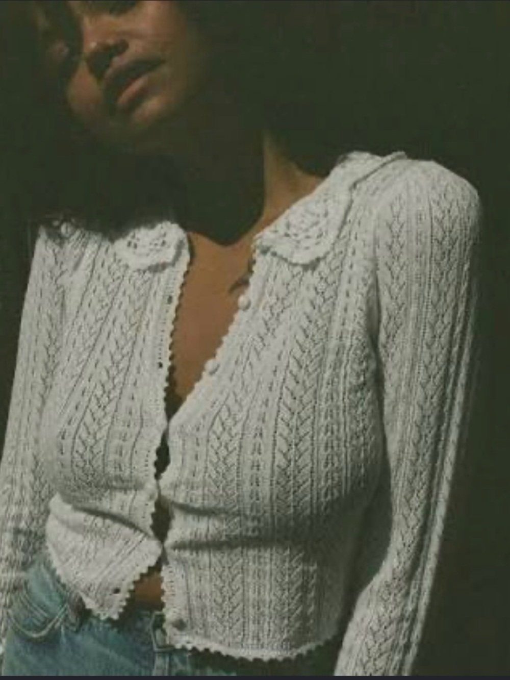 Doen Cream Crocheted-Collar Button Cardigan